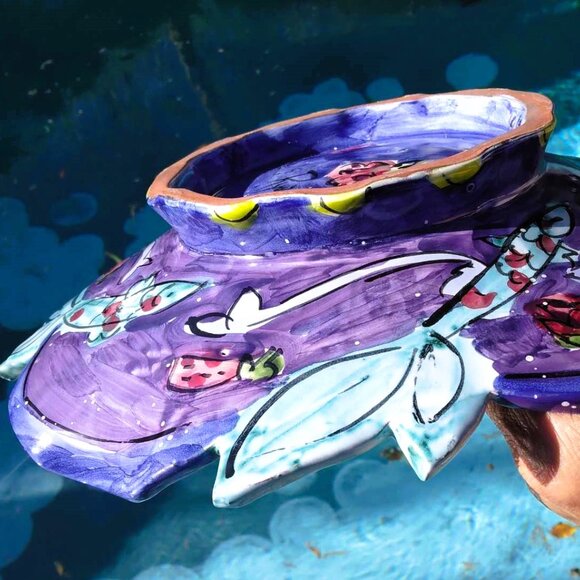 Whimsical Hand Painted Swimming Fish Ceramic Pedestal Dish by Kate & Ryan - Picture 6 of 8